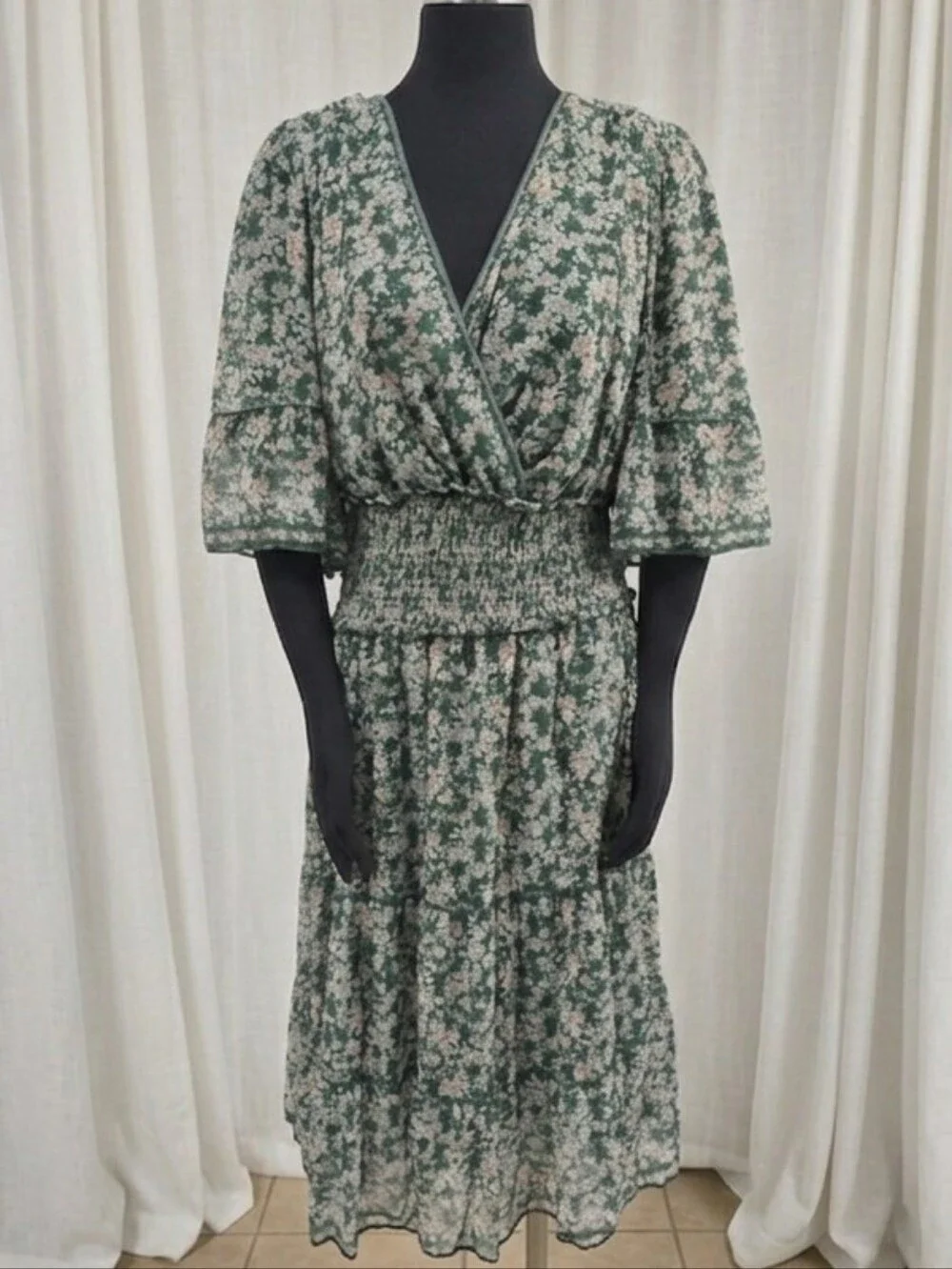 max studio green wrap dress Max Studio green floral wrap high low dress
